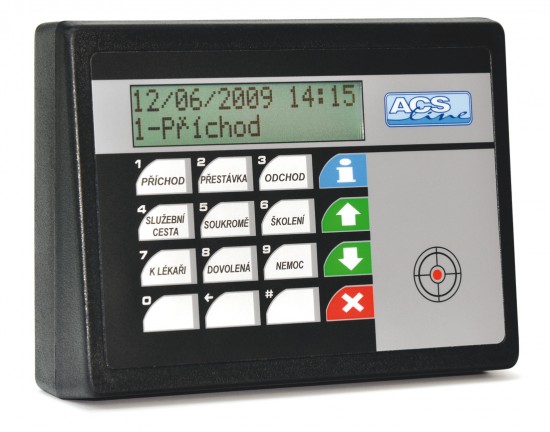 Docházkový terminál pro připojení libovolné čtečky (Posiprox, HID, Motorola, Mifare, Legic), RS232/RS485